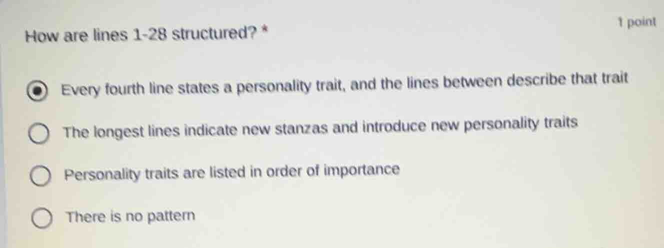 how are lines 1-28 structured? * every fourth line states a personality…