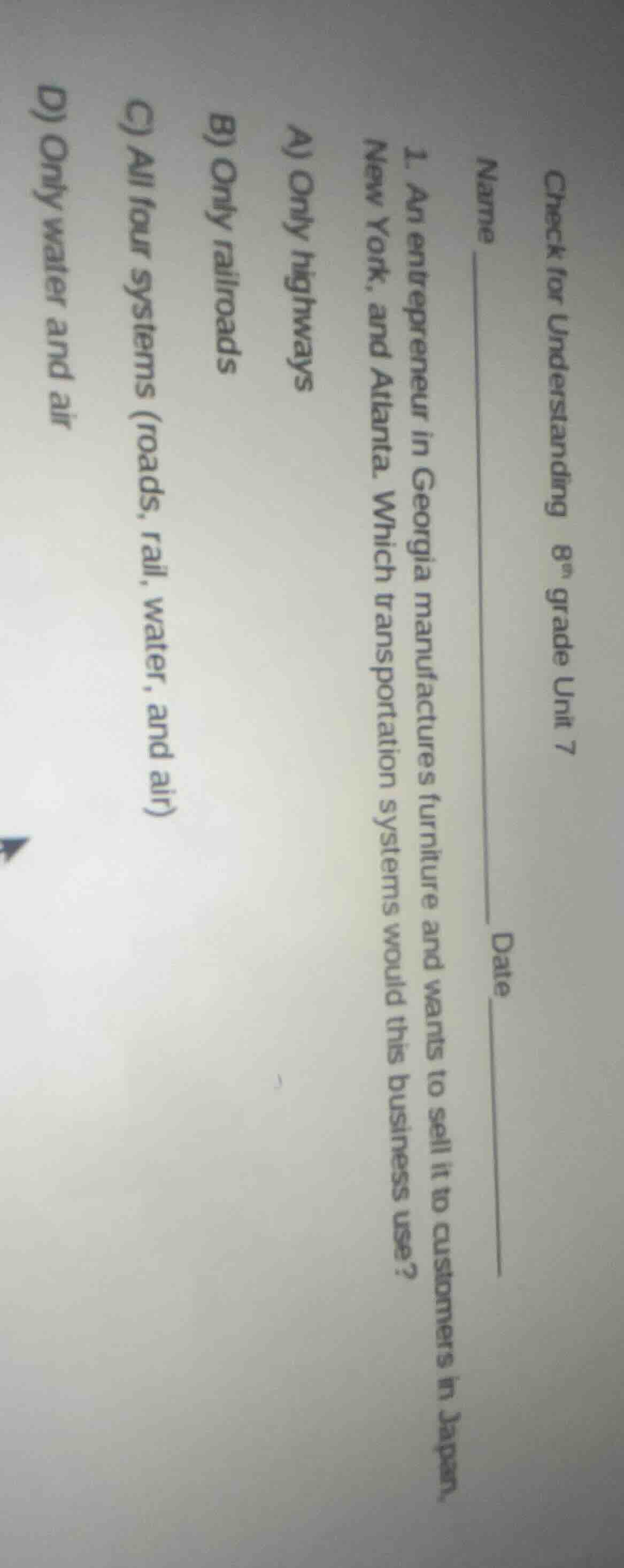 check for understanding 8th grade unit 7 name date 1. an entrepreneur i…