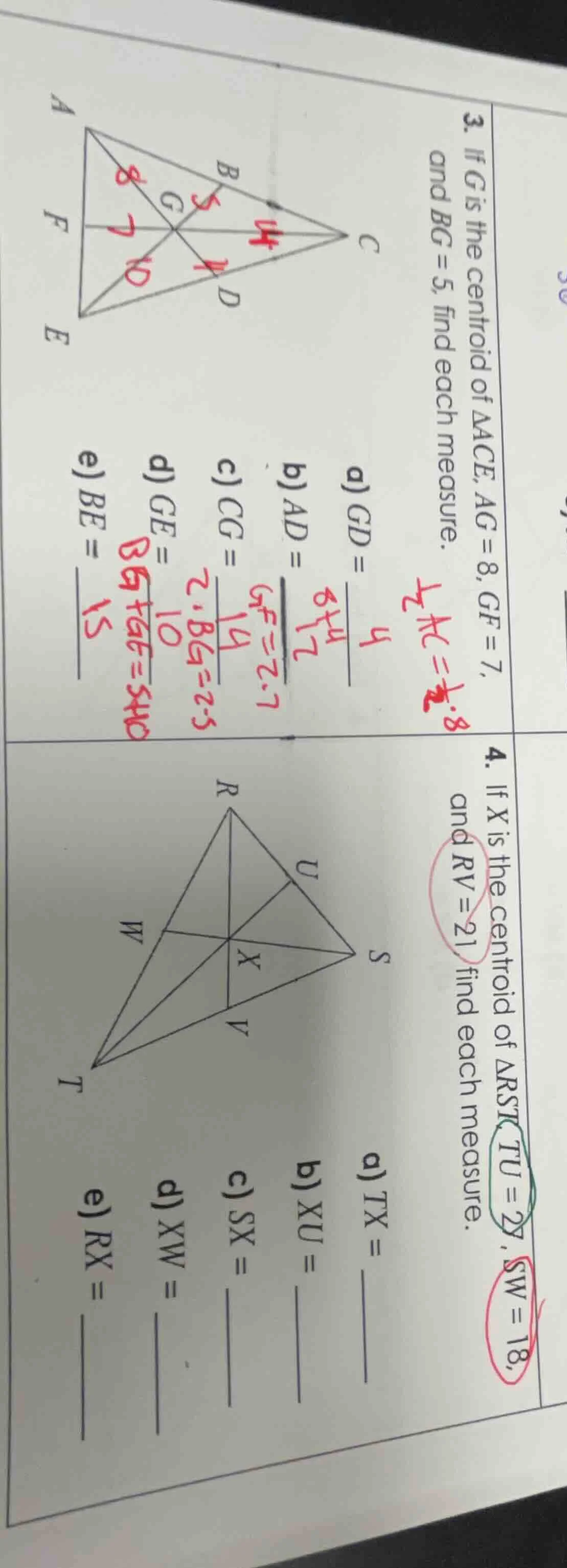 3. if g is the centroid of △ace, ag = 8, gf = 7, and bg = 5, find each …