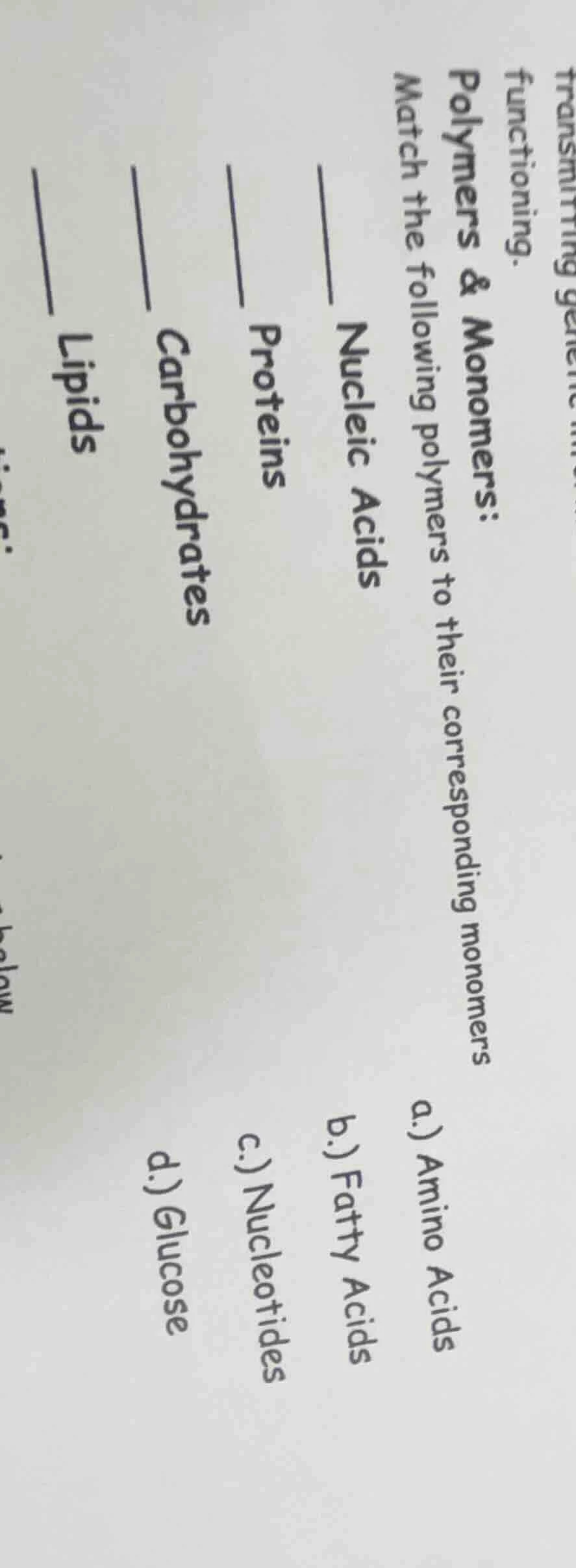 polymers & monomers: match the following polymers to their correspondin…