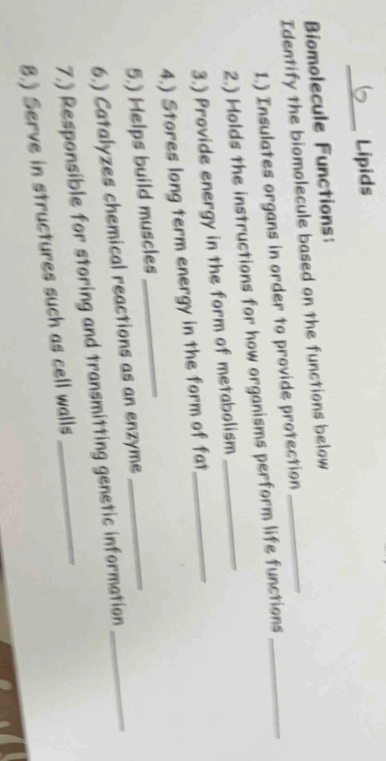 lipids biomolecule functions: identify the biomolecule based on the fun…