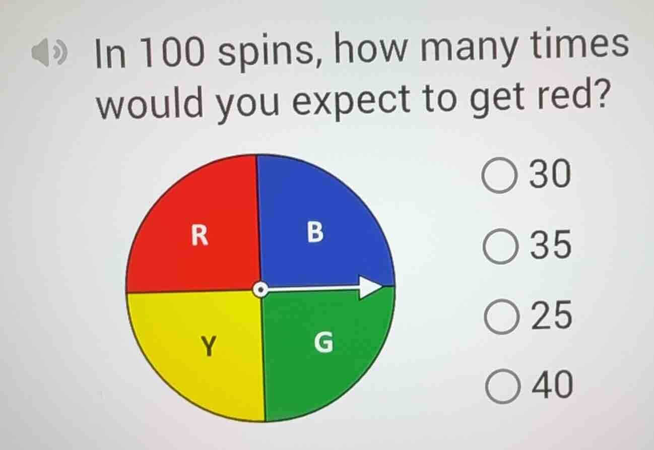 in 100 spins, how many times would you expect to get red? options: 30, …