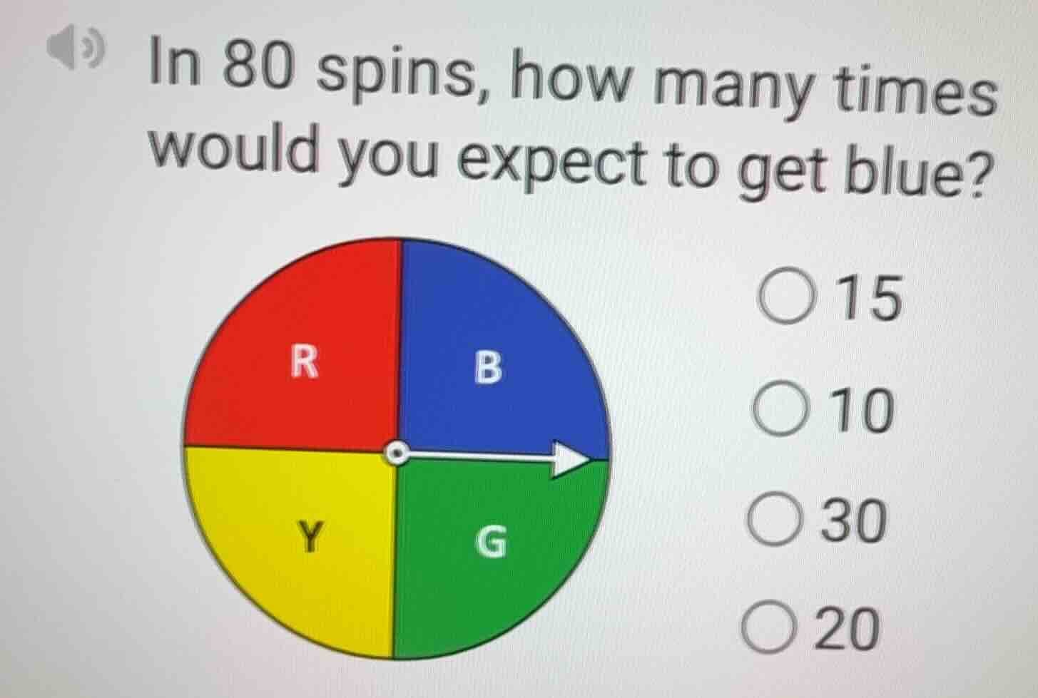 in 80 spins, how many times would you expect to get blue? pie chart wit…