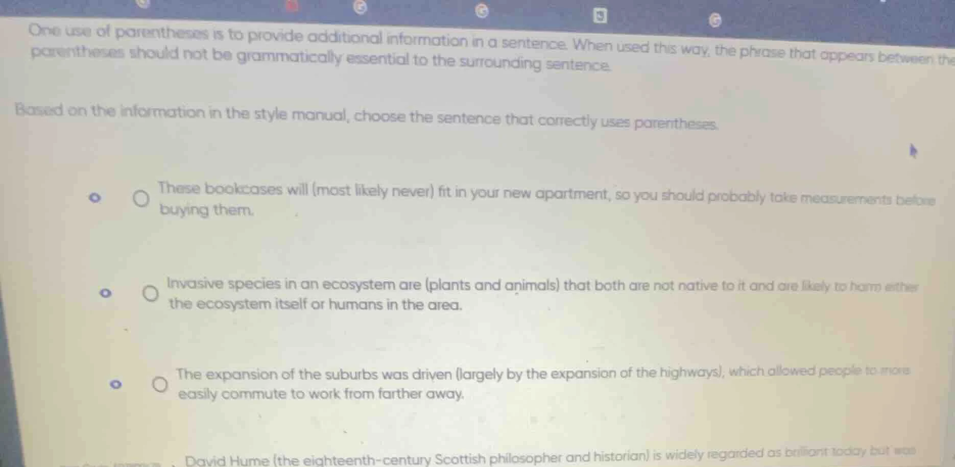 one use of parentheses is to provide additional information in a senten…