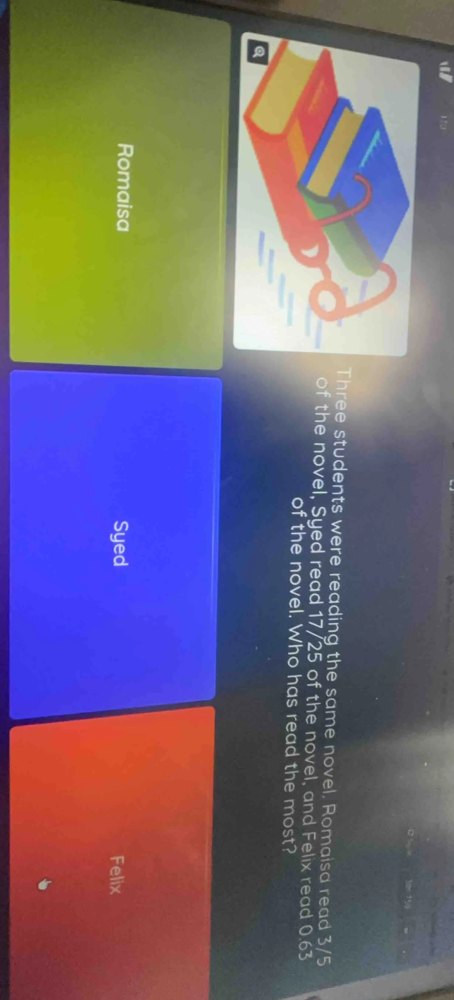 three students were reading the same novel. romaisa read 3/5 of the nov…