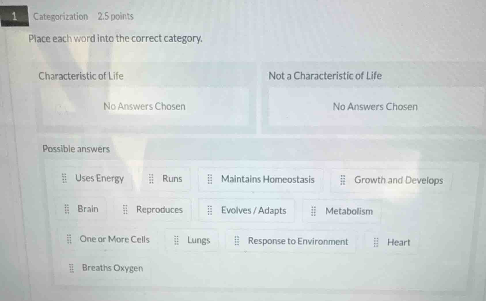 1 categorization 2.5 points place each word into the correct category. …
