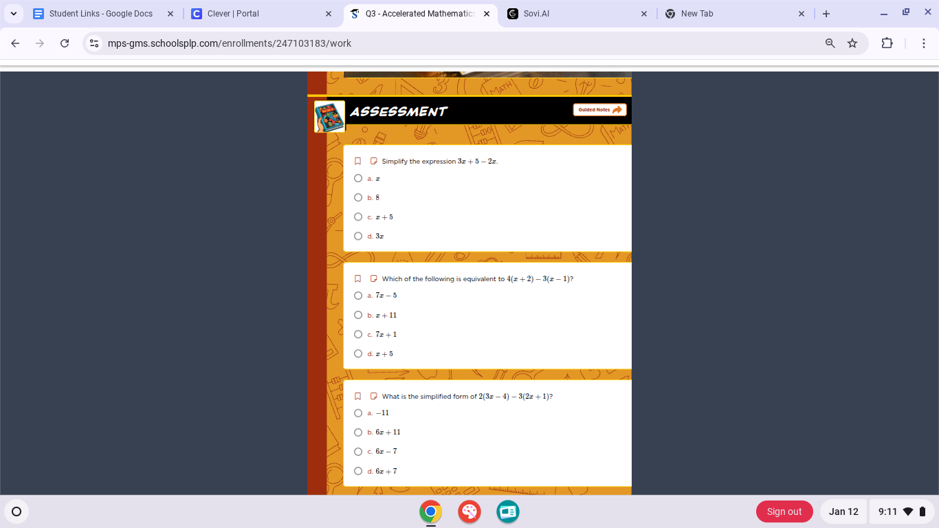 simplify the expression $3x + 5 - 2x$ a. $x$ b. $8$ c. $x + 5$ d. $3x$ …