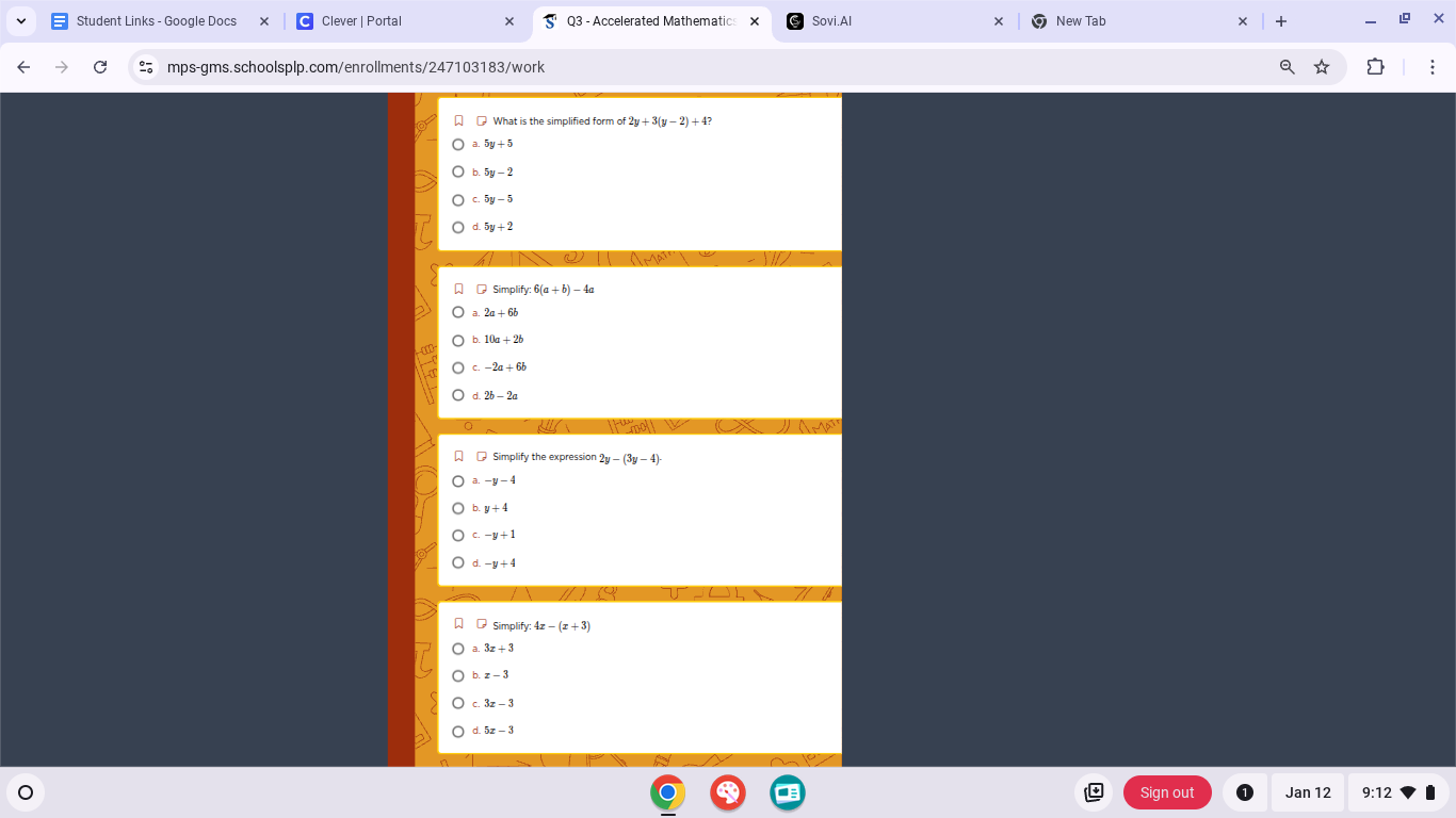 1. what is the simplified form of $2y + 3(y - 2) + 4$? a. $5y + 5$ b. $…