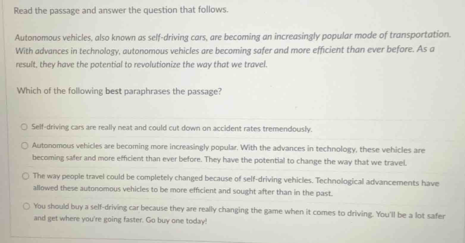 read the passage and answer the question that follows. autonomous vehic…