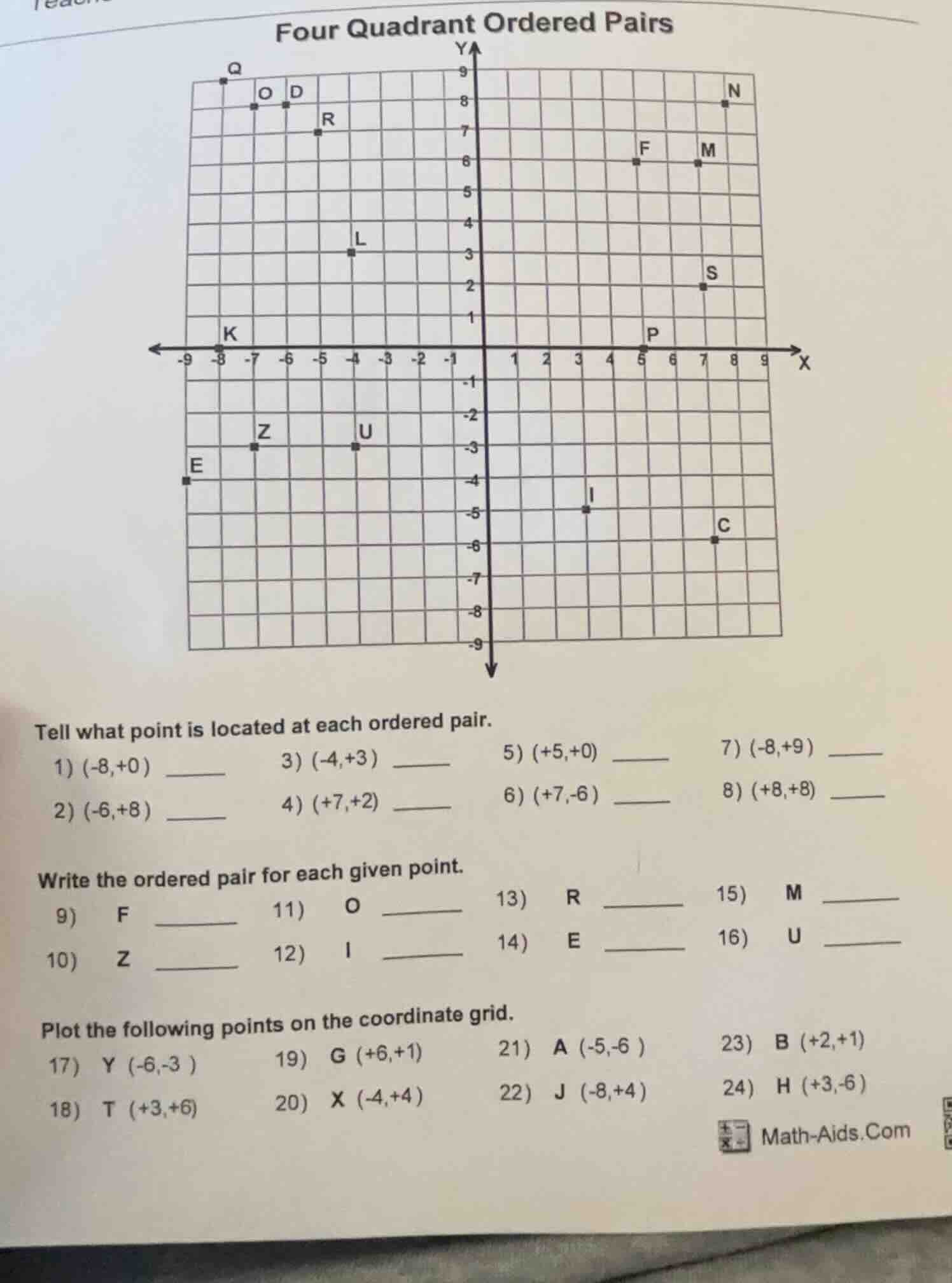 four quadrant ordered pairs tell what point is located at each ordered …