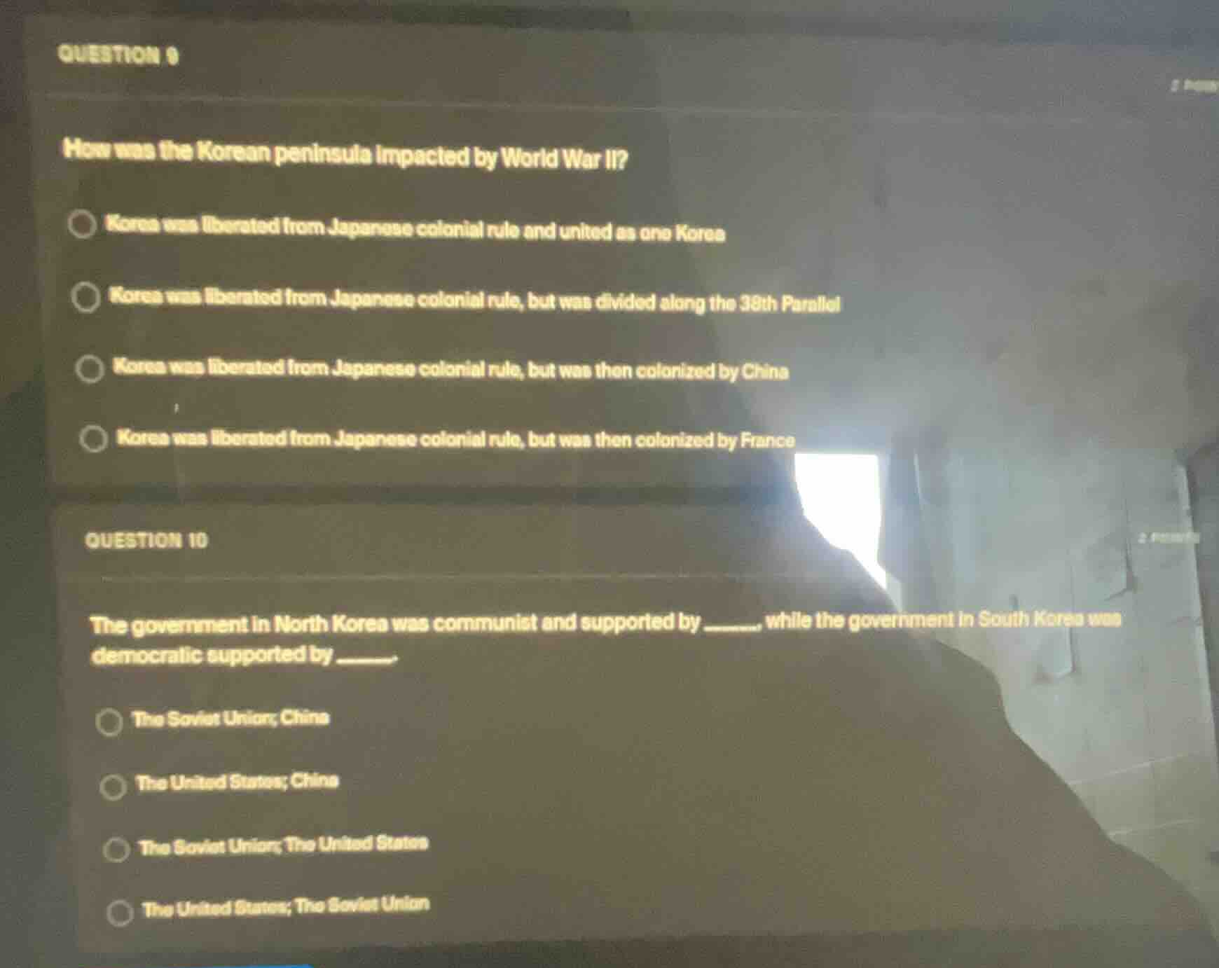 question 9 how was the korean peninsula impacted by world war ii? ○ kor…
