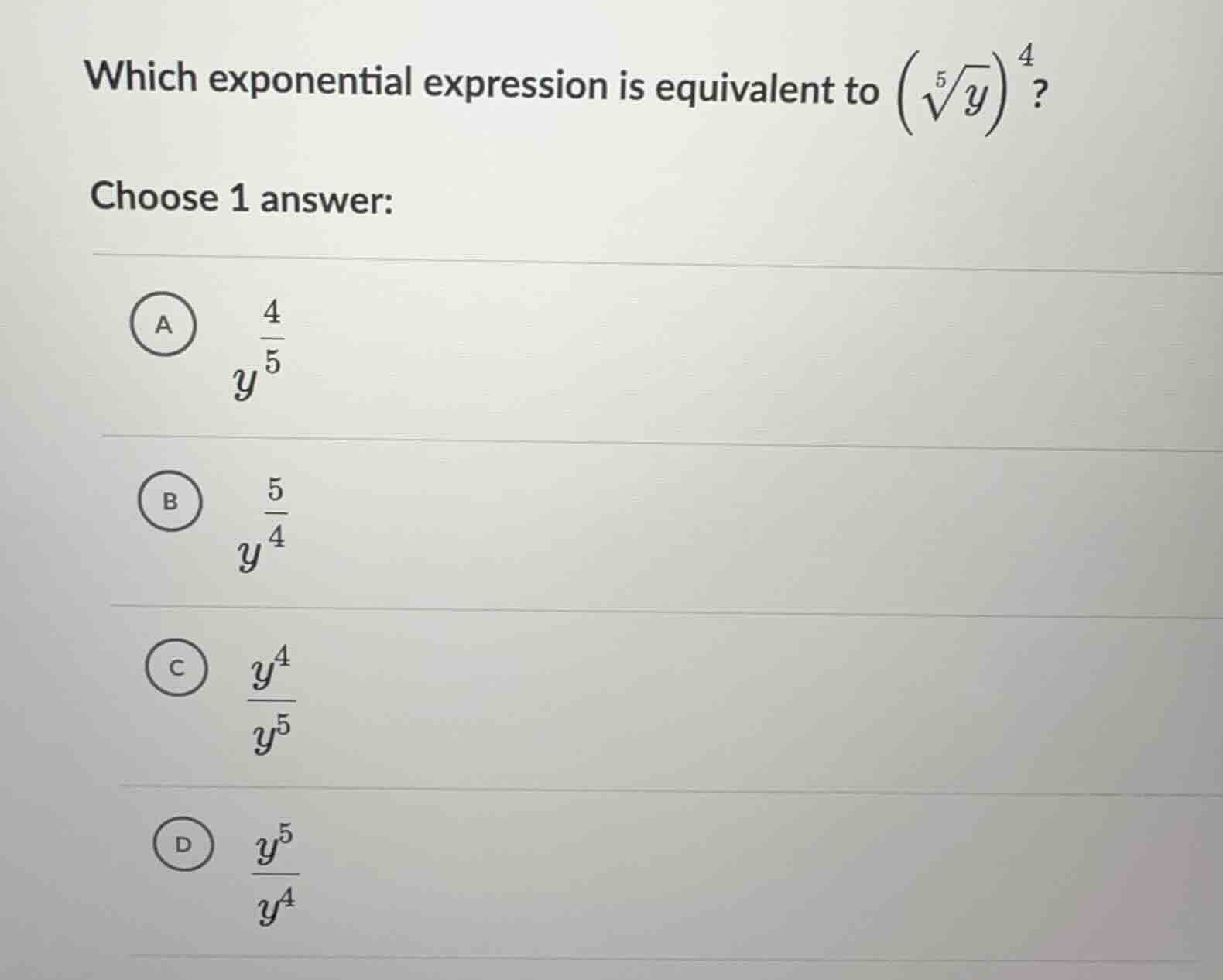 which exponential expression is equivalent to \\(\\left(\\sqrt5{y}\ igh…