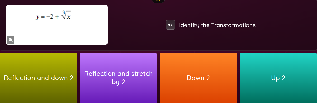 y = -2 + \\sqrt3{x} identify the transformations. reflection and down 2…