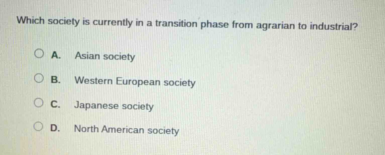 which society is currently in a transition phase from agrarian to indus…