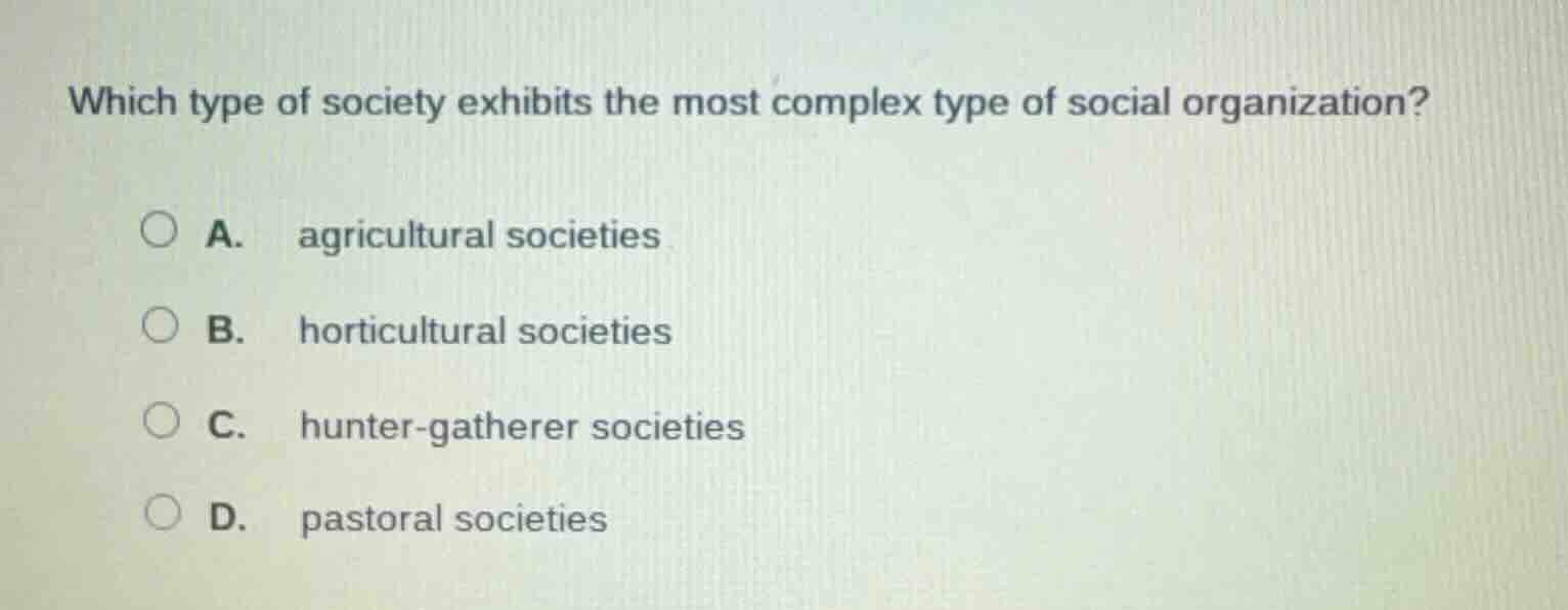 which type of society exhibits the most complex type of social organiza…