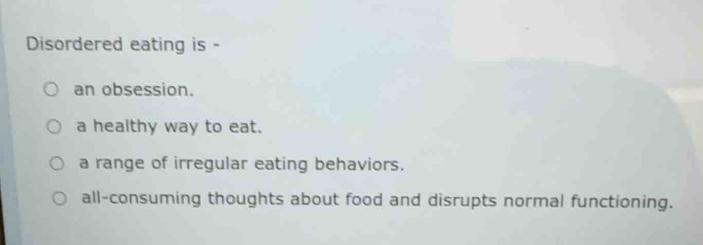 disordered eating is - an obsession. a healthy way to eat. a range of i…