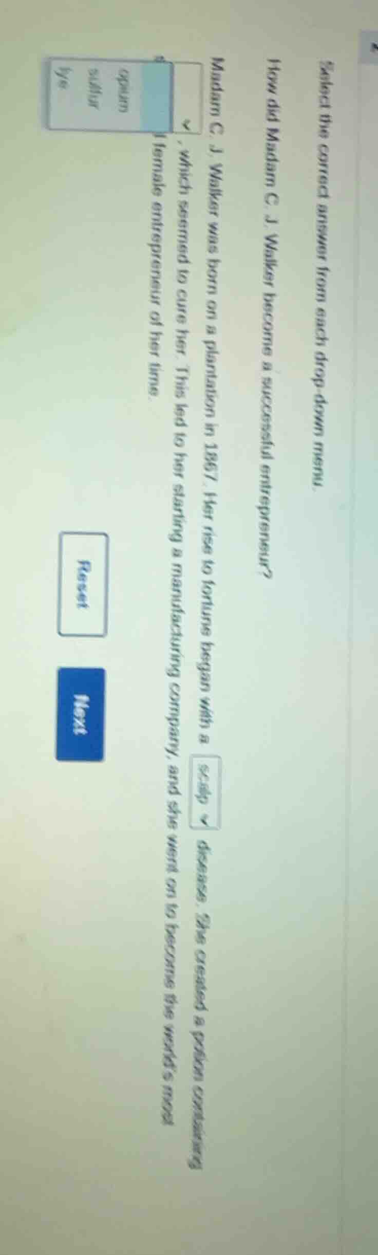 select the correct answer from each drop - down menu. how did madam c. …