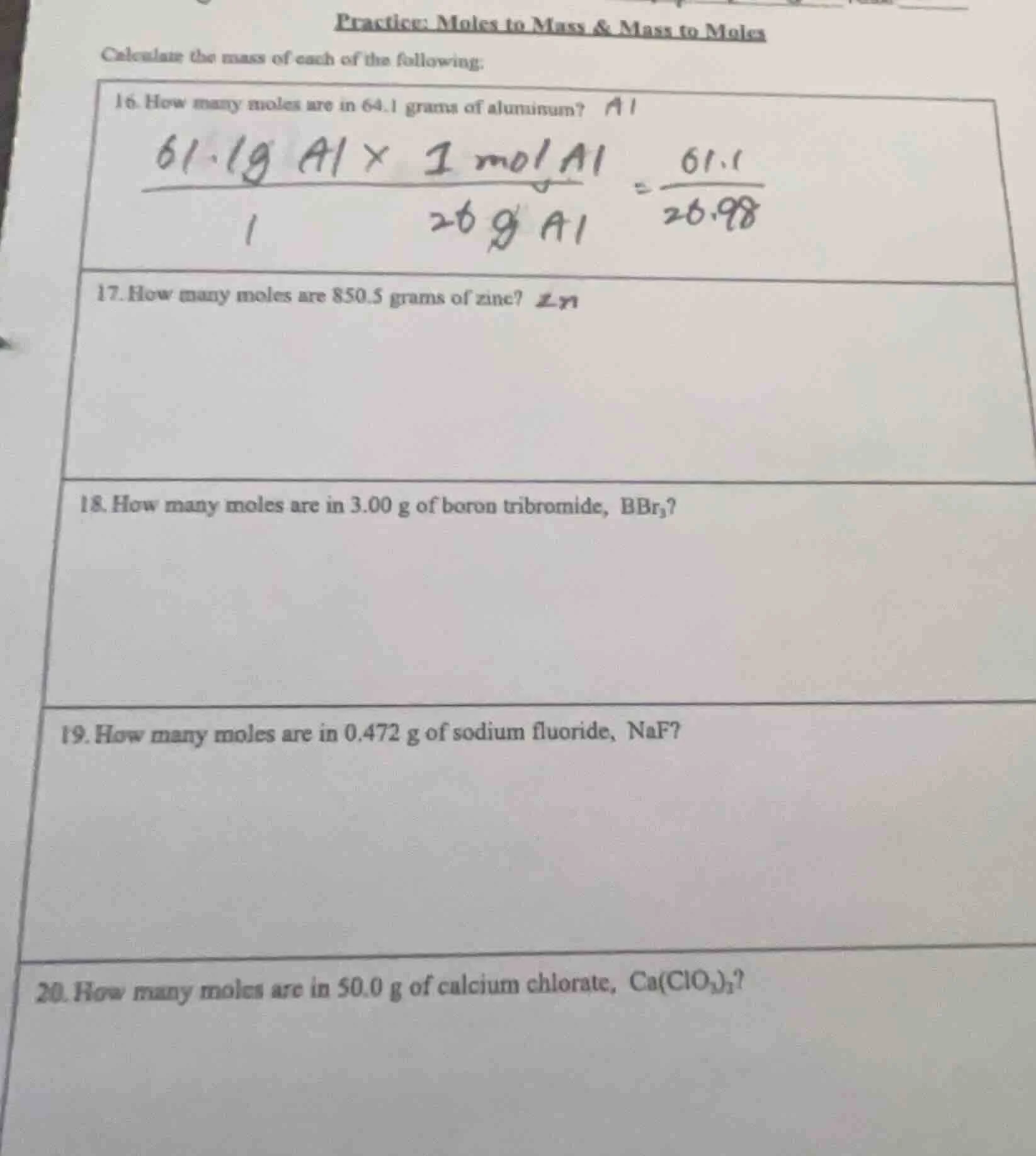 practice: moles to mass & mass to moles calculate the mass of each of t…