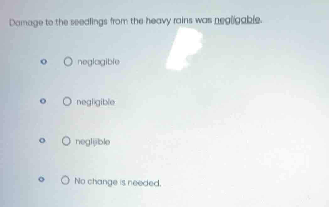 damage to the seedlings from the heavy rains was negligable. - ○ neglag…