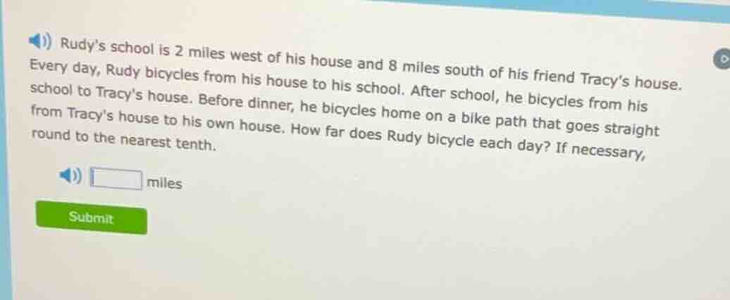 rudys school is 2 miles west of his house and 8 miles south of his frie…