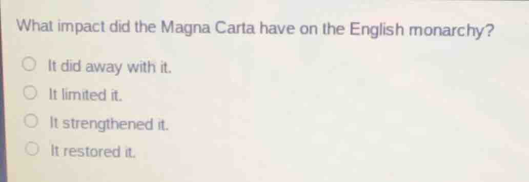what impact did the magna carta have on the english monarchy? ○ it did …