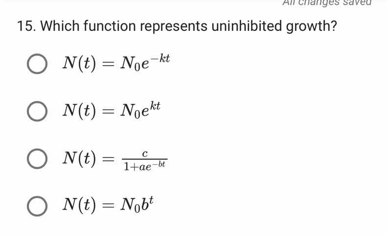 15. which function represents uninhibited growth? $n(t) = n_0 e^{-kt}$ …