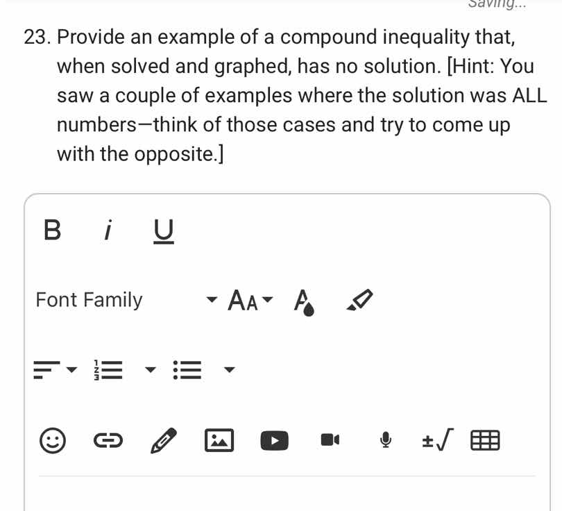 23. provide an example of a compound inequality that, when solved and g…