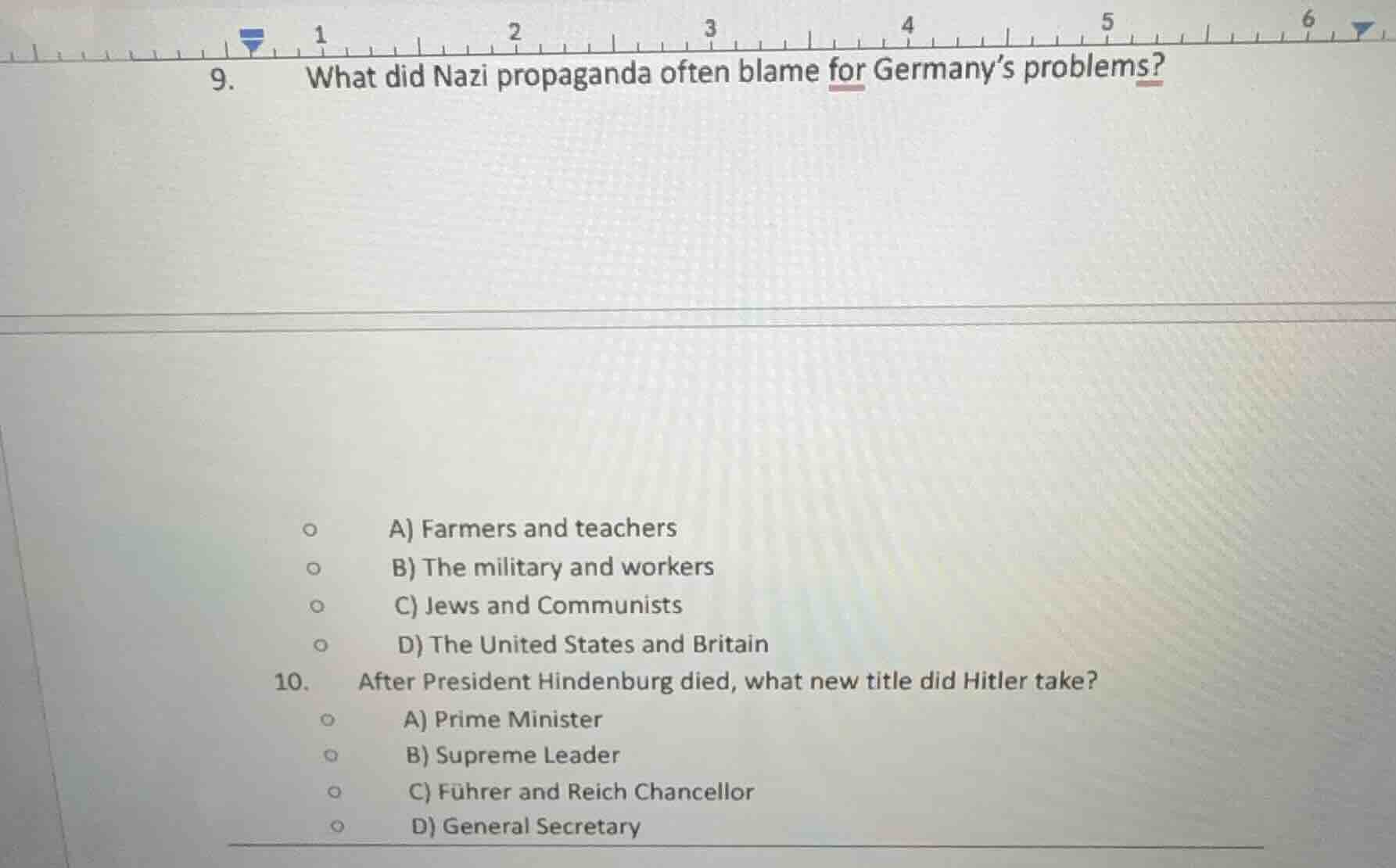 9. what did nazi propaganda often blame for germany’s problems? a) farm…