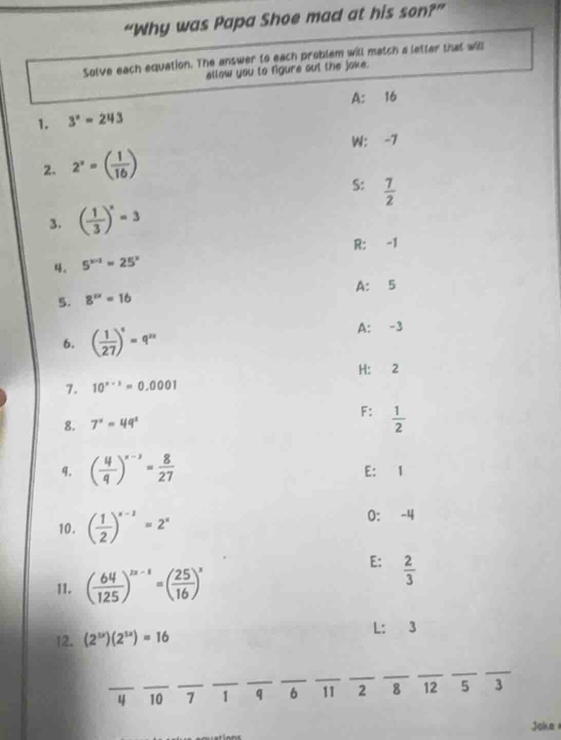 “why was papa shoe mad at his son?” solve each equation. the answer to …