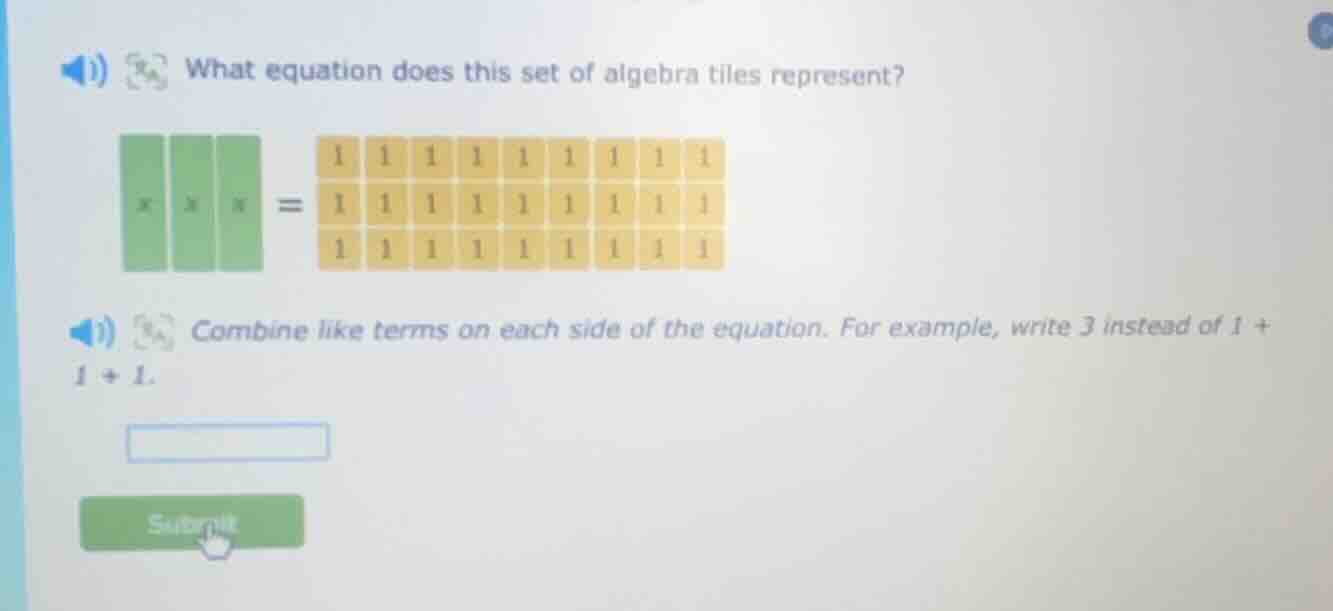 what equation does this set of algebra tiles represent? three green til…