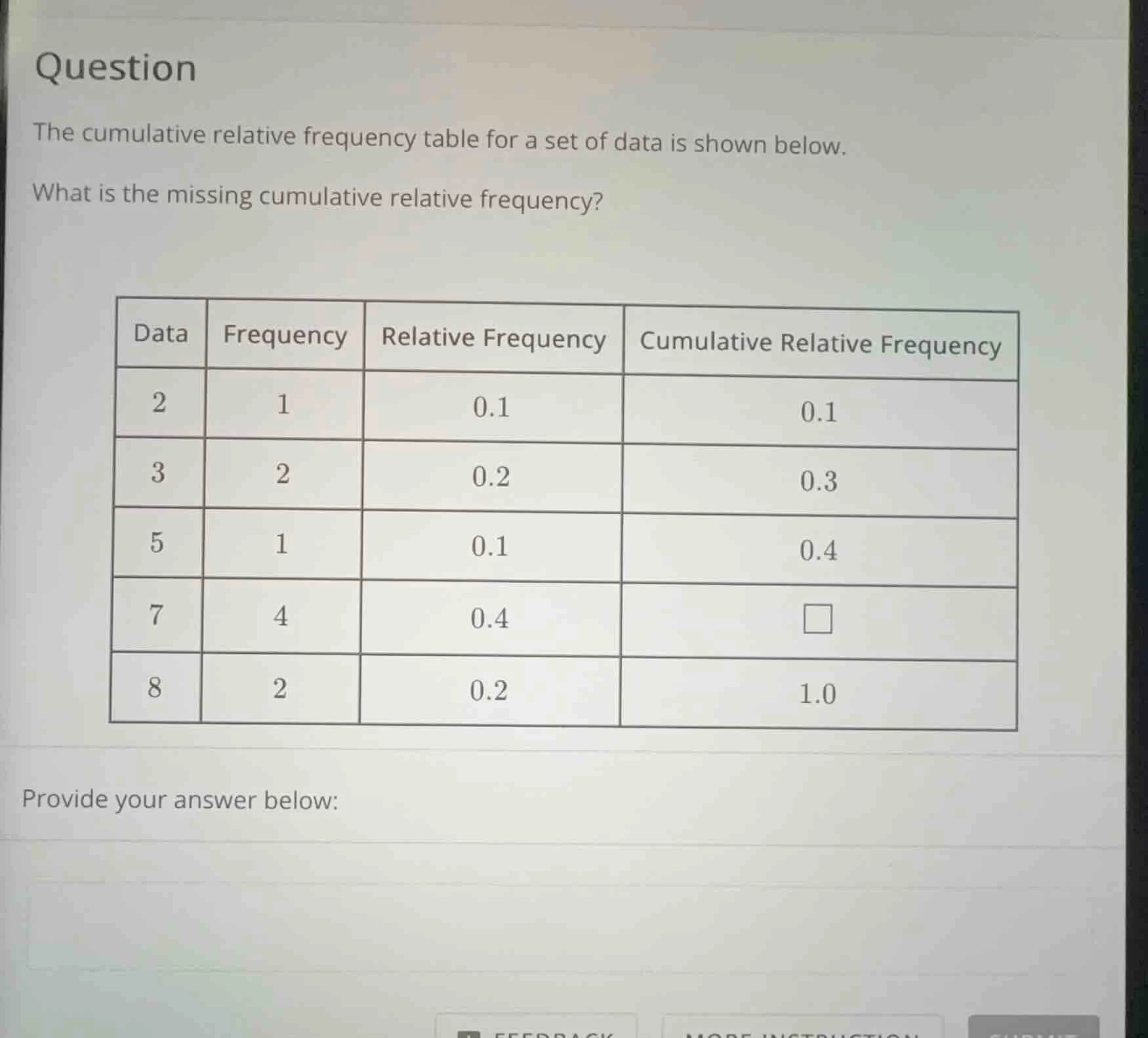 question the cumulative relative frequency table for a set of data is s…