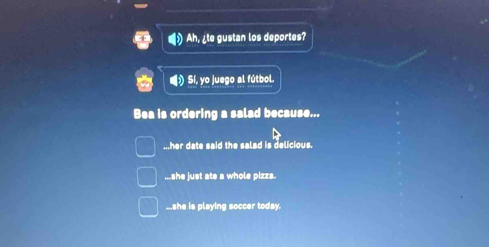 ah, ¿te gustan los deportes? sí, yo juego al fútbol. bea is ordering a …