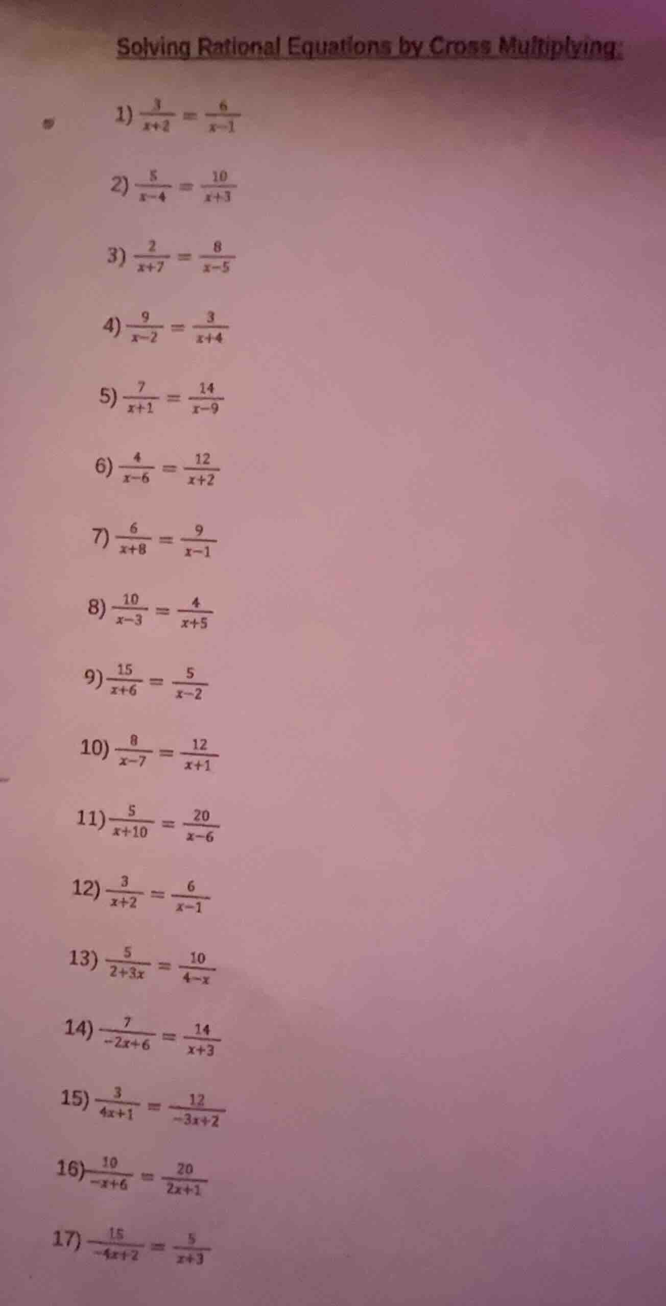 solving rational equations by cross multiplying: 1) \\(\\frac{3}{x + 2}…