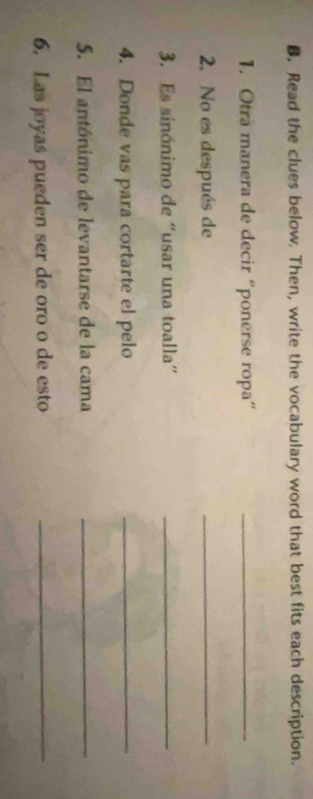 b. read the clues below. then, write the vocabulary word that best fits…