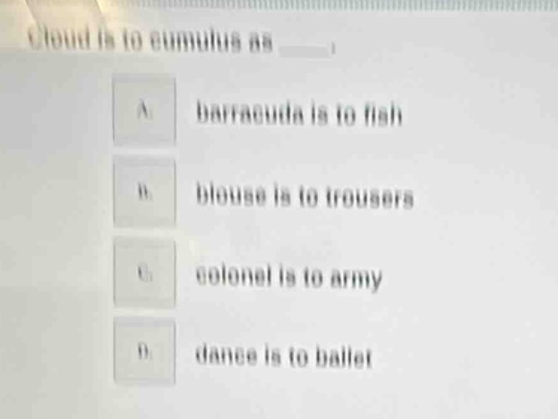 cloud is to cumulus as ____. a. barracuda is to fish b. blouse is to tr…