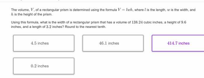 the volume, v, of a rectangular prism is determined using the formula $…