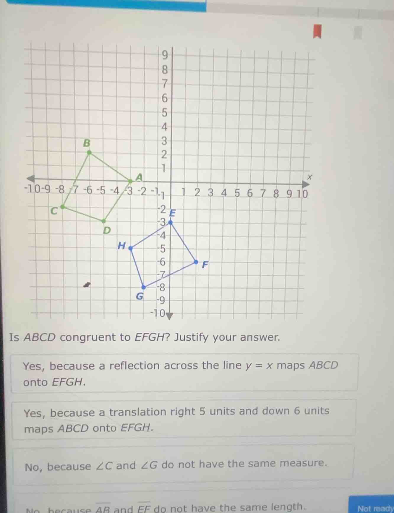 is abcd congruent to efgh? justify your answer. yes, because a reflecti…