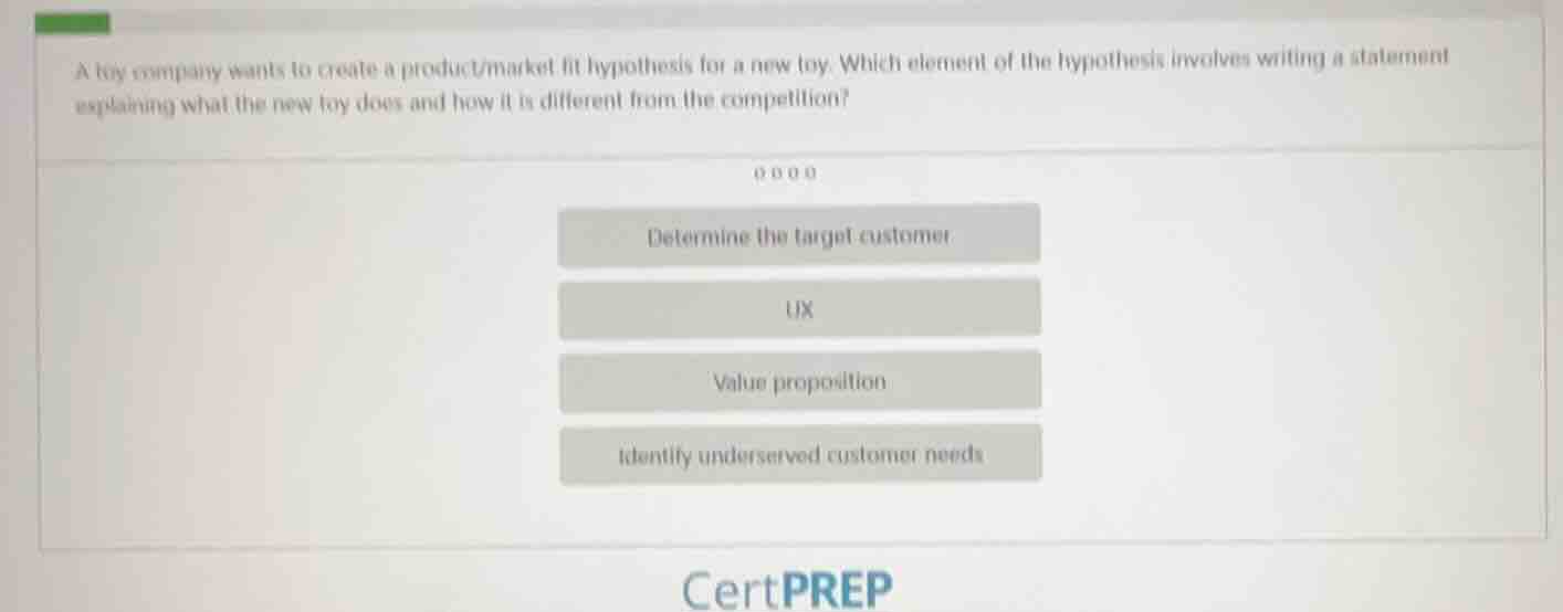 a toy company wants to create a product/market fit hypothesis for a new…