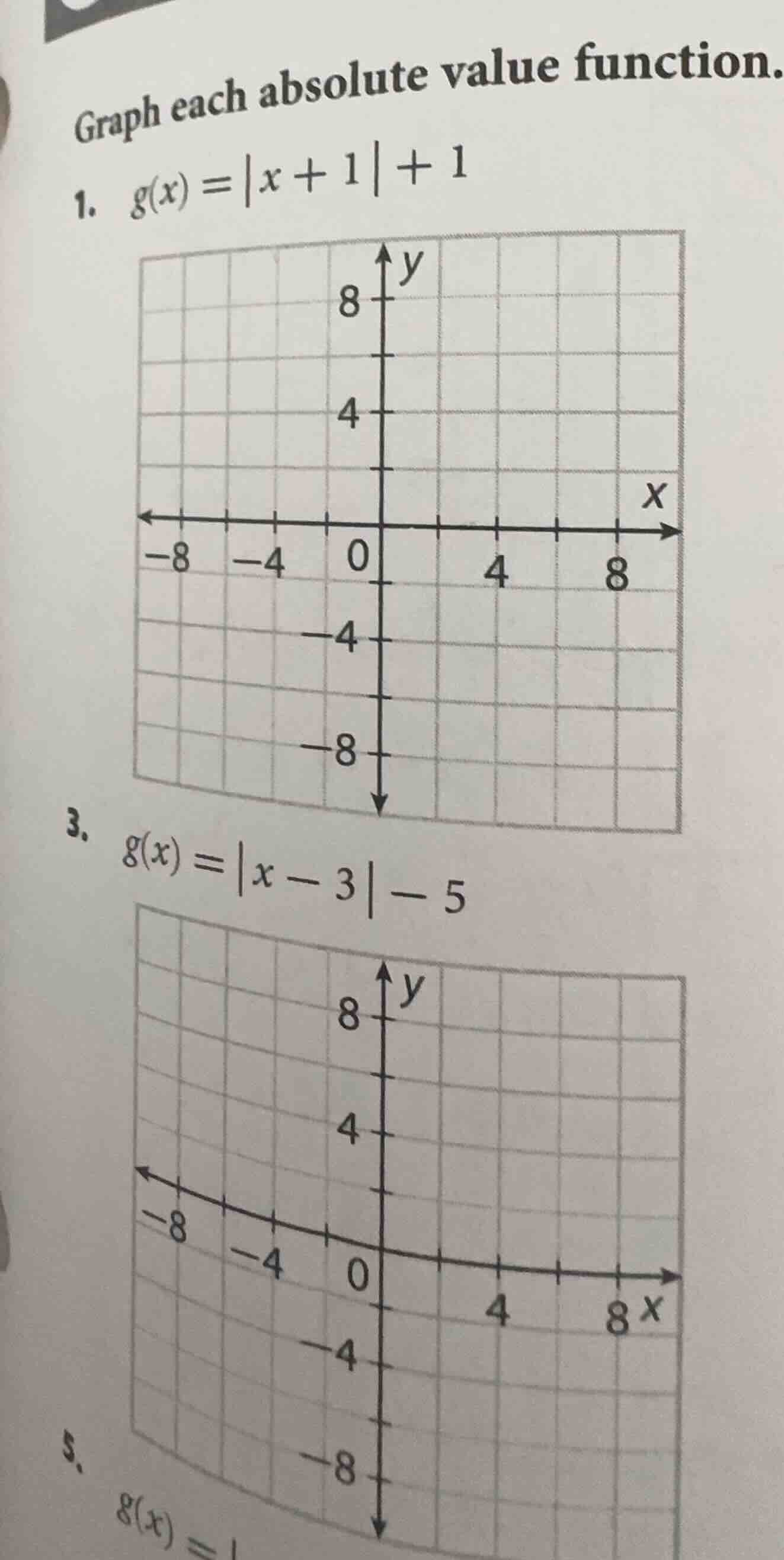 graph each absolute value function. 1. $g(x) = |x + 1| + 1$ 3. $g(x) = …