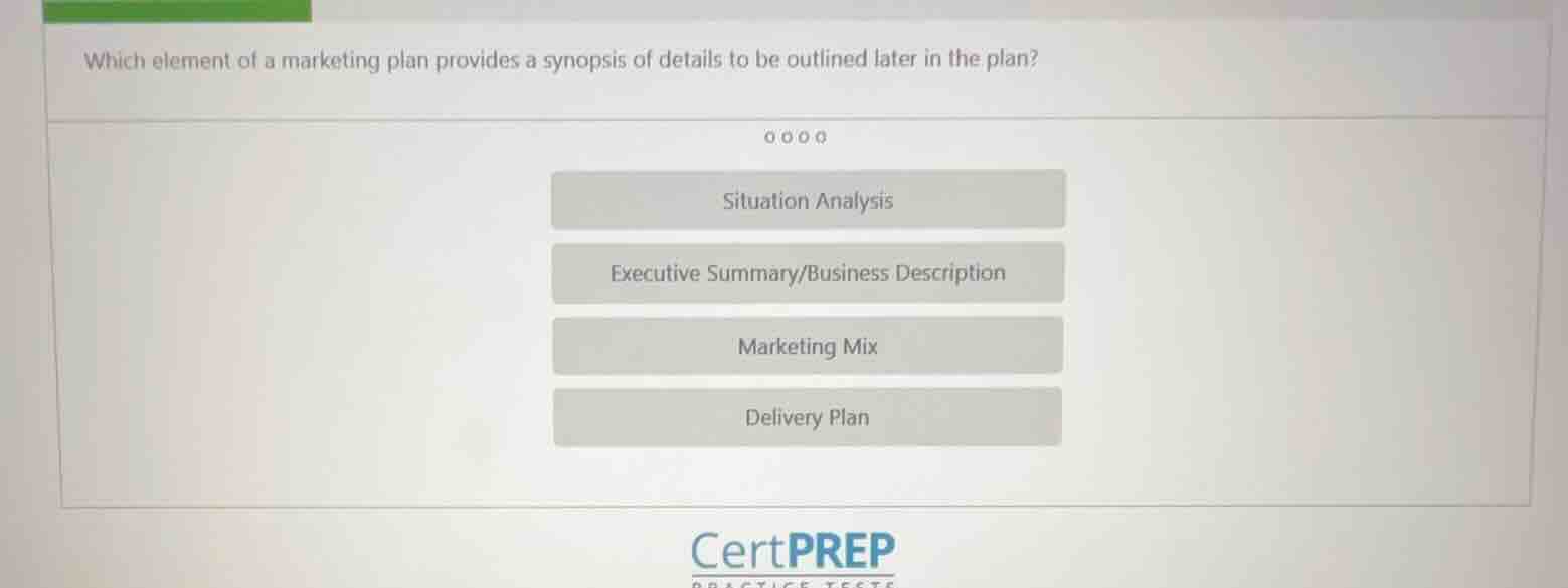 which element of a marketing plan provides a synopsis of details to be …