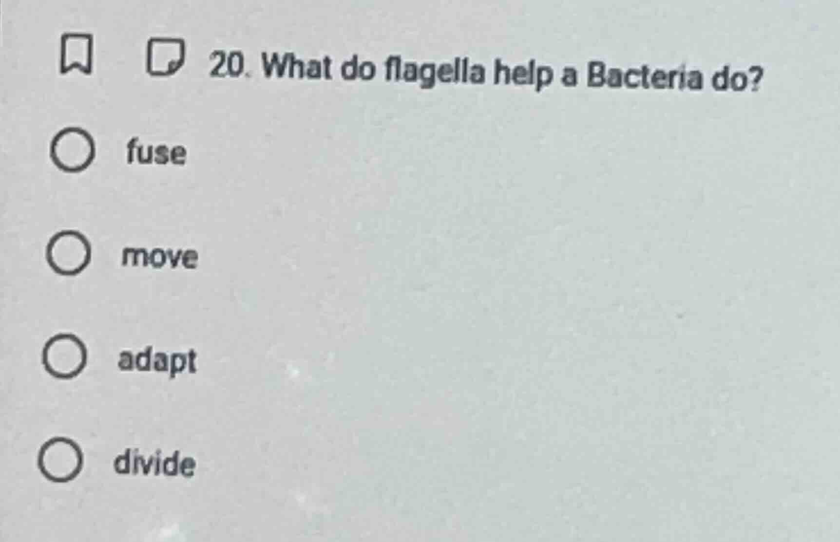 20. what do flagella help a bacteria do? ○ fuse ○ move ○ adapt ○ divide
