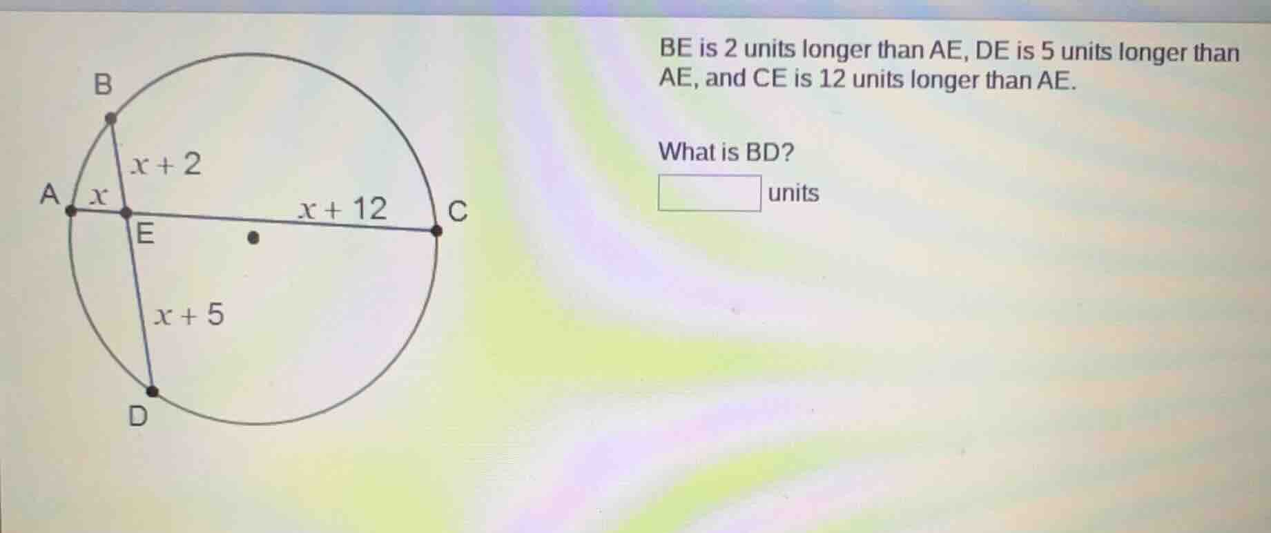 be is 2 units longer than ae, de is 5 units longer than ae, and ce is 1…