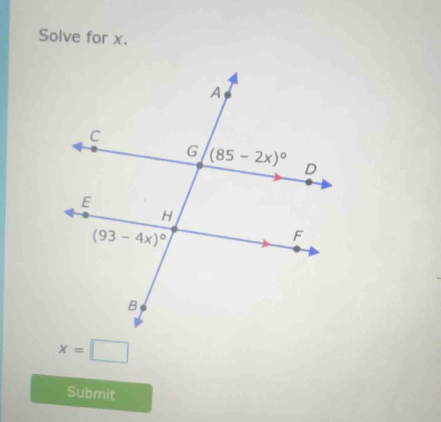 solve for x. there is a diagram with lines: line cd (with points c and …