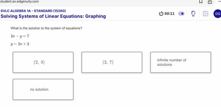 what is the solution to the system of equations? $2x - y = 7$ $y = 2x +…