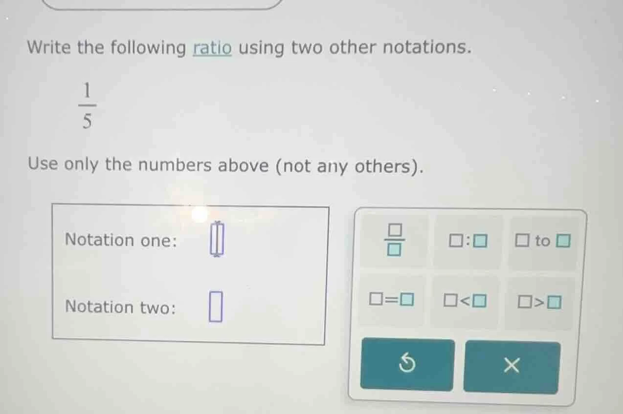 write the following ratio using two other notations. \\(\\frac{1}{5}\\)…
