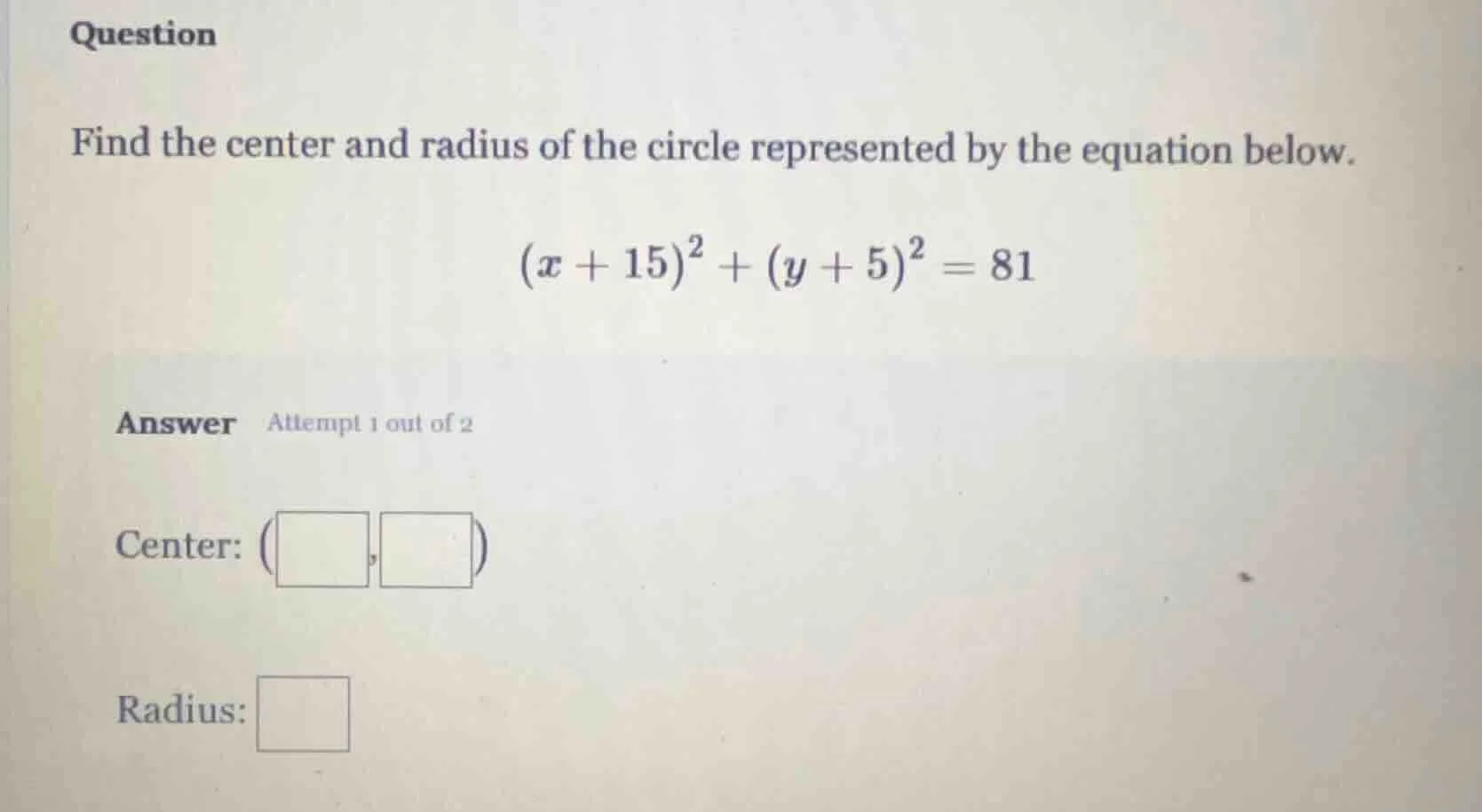 question find the center and radius of the circle represented by the eq…