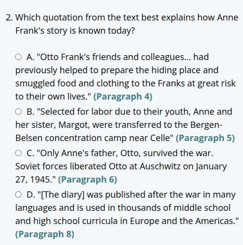 2. which quotation from the text best explains how anne franks story is…