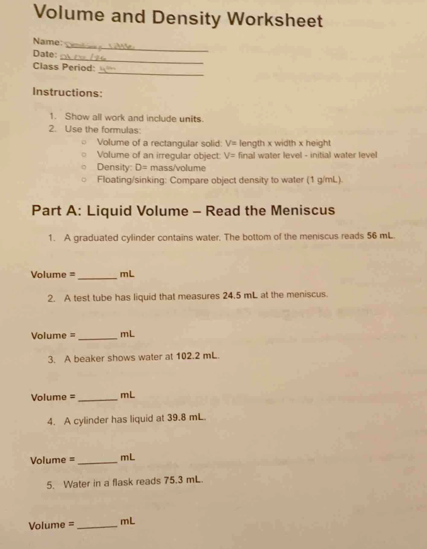 volume and density worksheet name: date: class period: instructions: 1.…