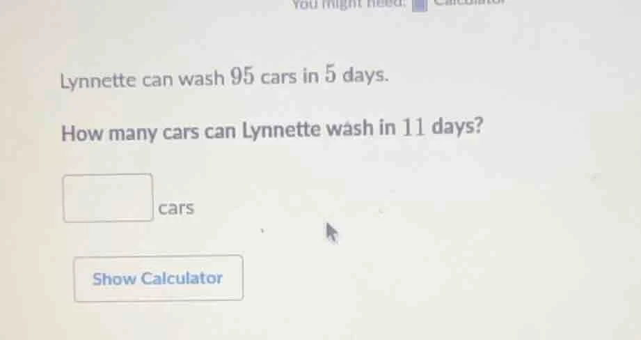 lynnette can wash 95 cars in 5 days. how many cars can lynnette wash in…
