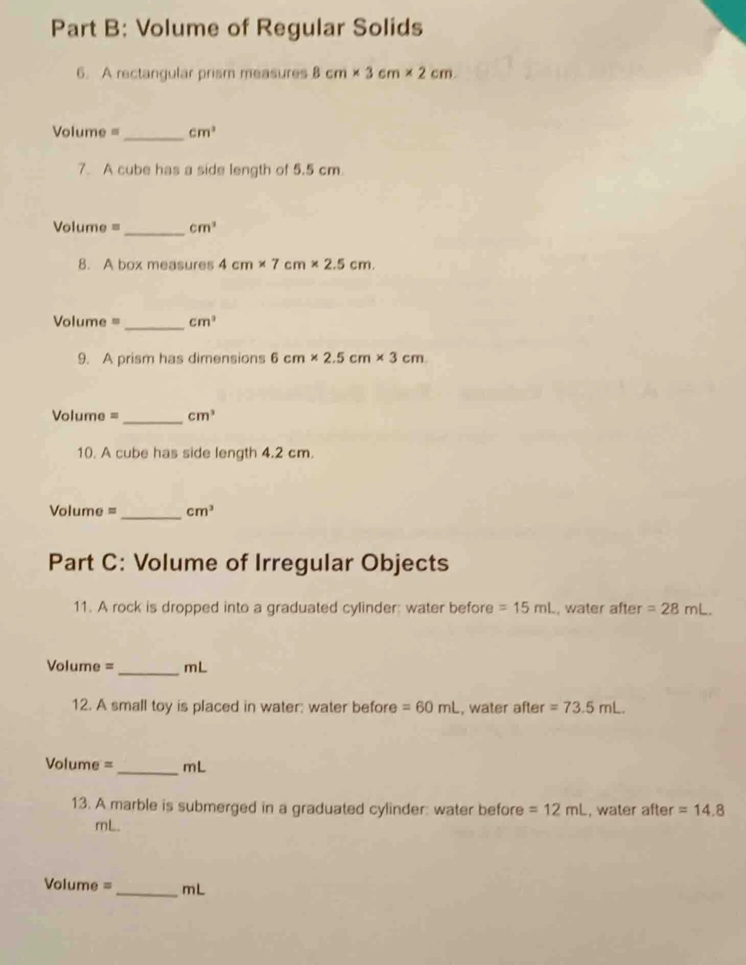 part b: volume of regular solids 6. a rectangular prism measures 8 cm ×…